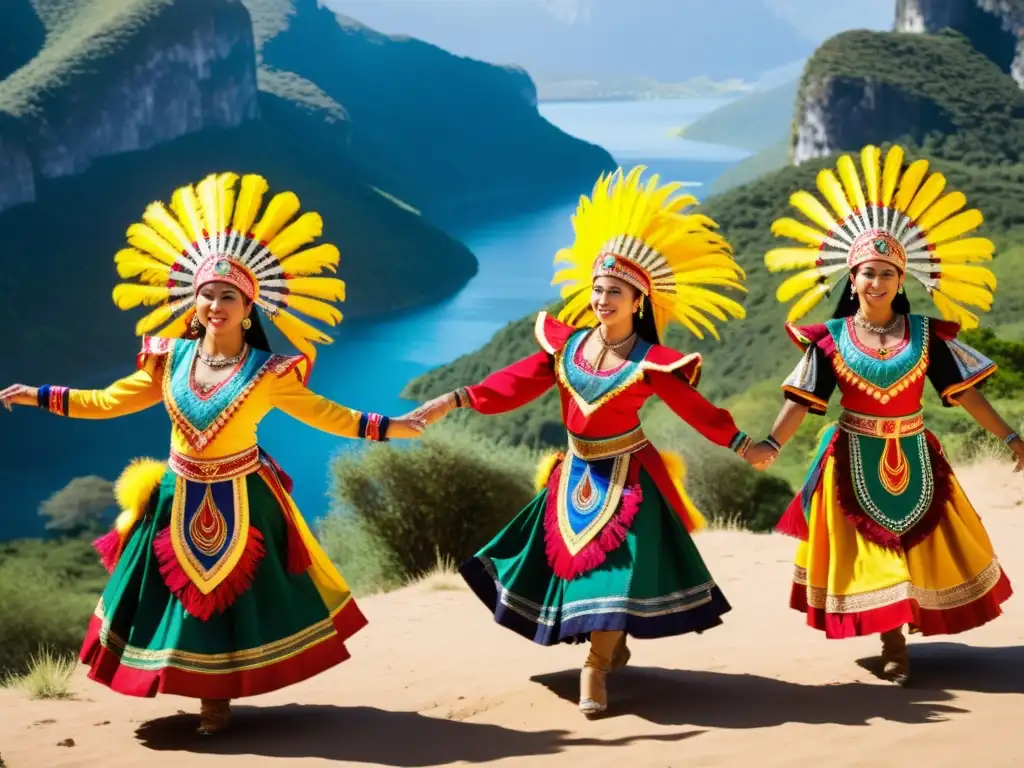 Grupo de bailarines tradicionales con trajes vibrantes y plumas, ejecutando una rutina sincronizada en un paisaje natural impresionante