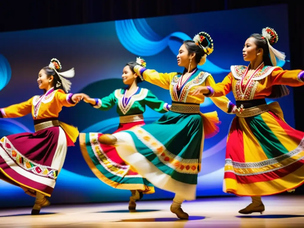 Grupo de bailarines tradicionales en trajes vibrantes y detallados, capturados en una pose dinámica