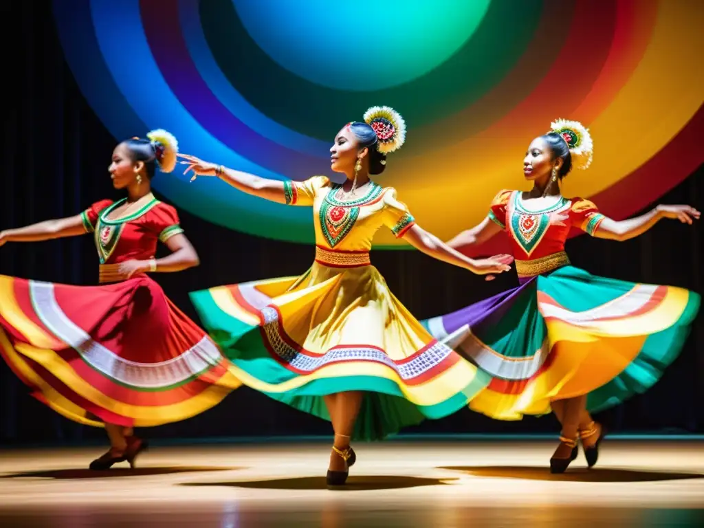 Grupo de bailarines tradicionales con trajes coloridos, movimientos ágiles y expresiones concentradas, que mejoran la agilidad en danzas tradicionales