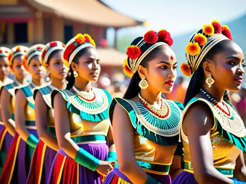 Un grupo de bailarines tradicionales, con trajes vibrantes, ejecutan movimientos precisos en un escenario iluminado por el sol