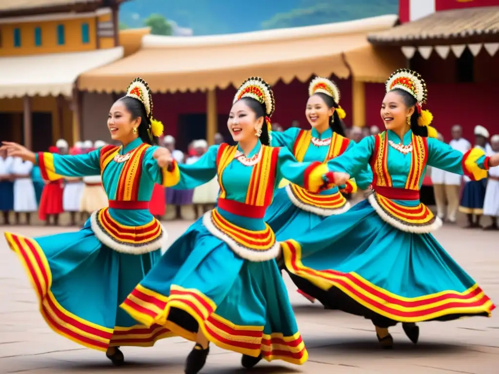 Un grupo de bailarines tradicionales con trajes vibrantes y detallados realizan una rutina sincronizada en una bulliciosa plaza