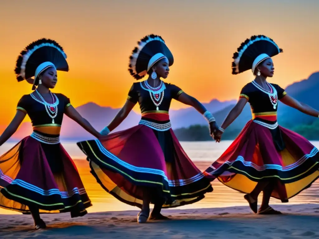 Grupo de bailarines tradicionales en trajes vibrantes, realizando una rutina sincronizada al atardecer