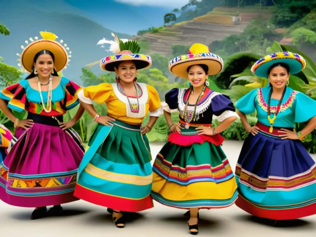 Grupo de bailarines tradicionales de Guatemala en trajes vibrantes y elaborados, capturando la esencia de la danza