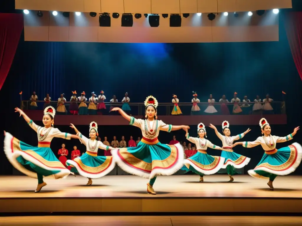 Baile tradicional: energía y gracia Grupo de bailarines tradicionales con trajes vibrantes y energía en escenario