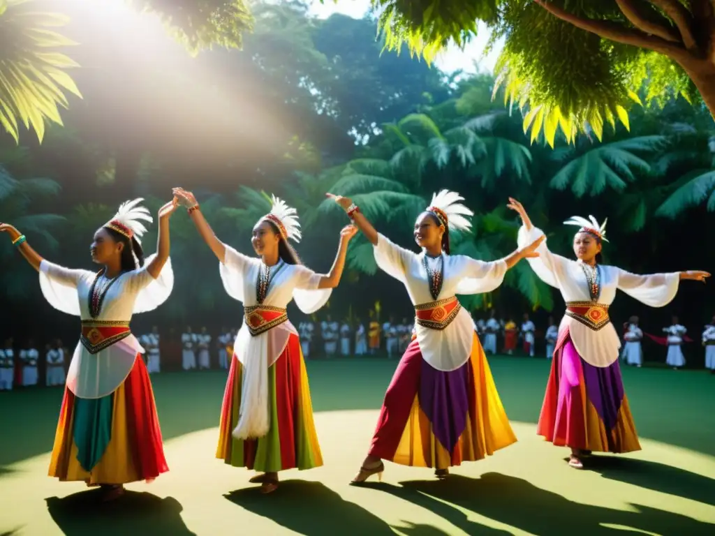 Danza tradicional: energía y emoción en la naturaleza Grupo de bailarines tradicionales en trajes vibrantes y coloridos, realizando una danza tradicional en medio de exuberante vegetación