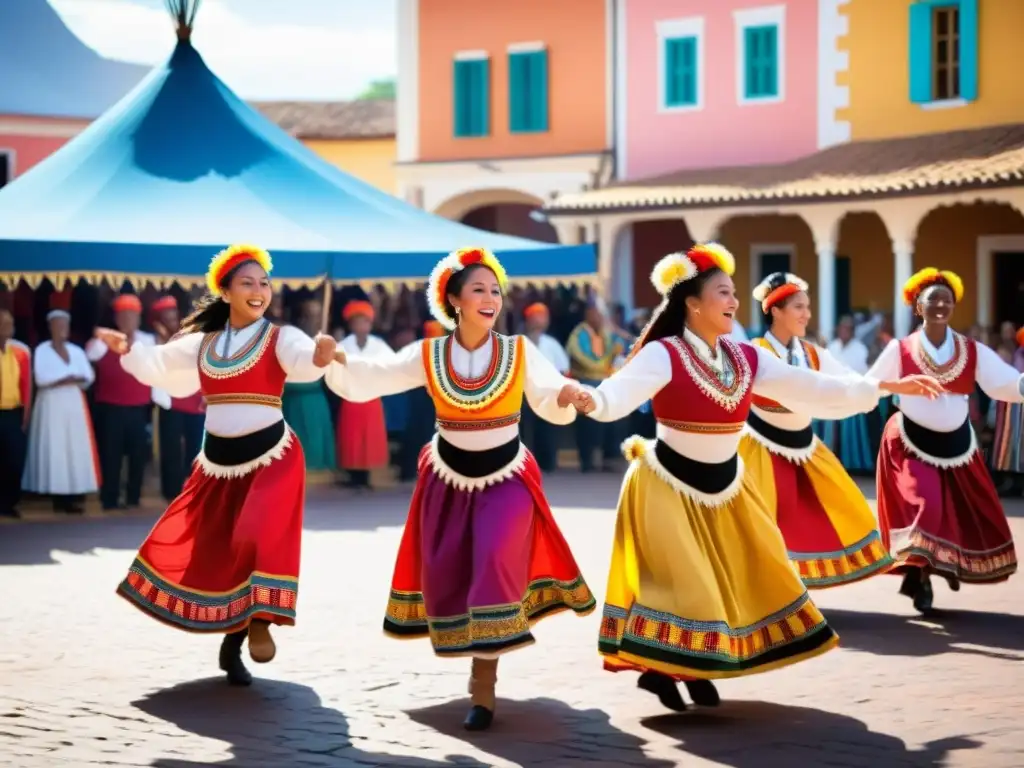 Baile tradicional: color y alegría en la plaza histórica Un grupo de bailarines tradicionales con trajes vibrantes y patrones intricados, danzando al ritmo de la música en una plaza histórica