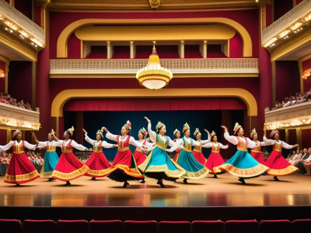 Grupo de bailarines tradicionales con trajes vibrantes en teatro histórico, expresando pasión y dedicación en danzas significativas