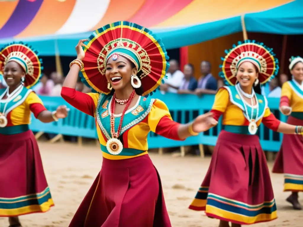 Un grupo de bailarines tradicionales con trajes vibrantes y detallados se mueven al ritmo de la música