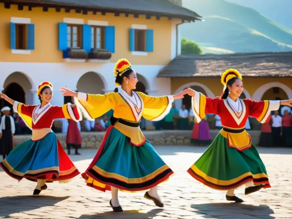 Grupo de bailarines tradicionales con trajes coloridos en una animada danza en la plaza del pueblo