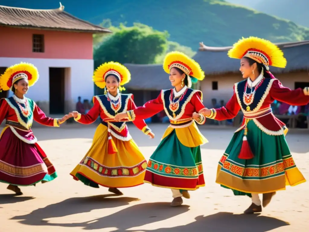 Un grupo de bailarines tradicionales, con trajes vibrantes y detallados, realizan una danza dinámica en una plaza soleada