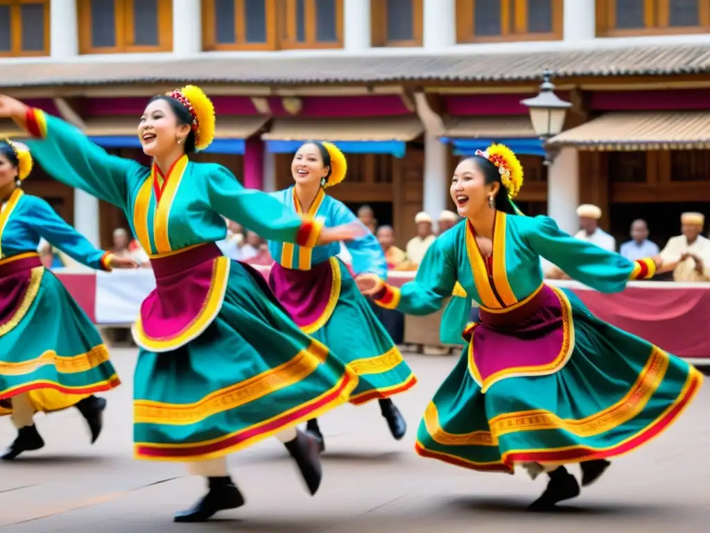 Grupo de bailarines tradicionales con trajes vibrantes realizando una danza enérgica en un bullicioso mercado