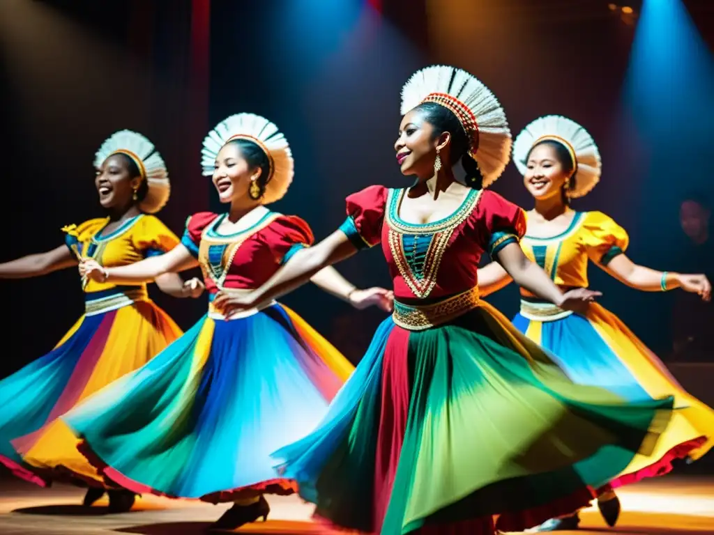 Un grupo de bailarines tradicionales en trajes vibrantes y ornamentados, integrando música en danzas tradicionales con gracia y fuerza