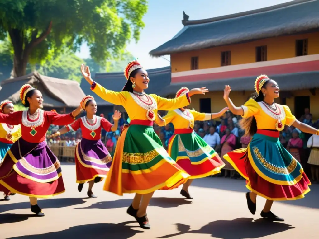 Grupo de bailarines tradicionales con trajes coloridos realizando una animada rutina en una plaza soleada de un pueblo