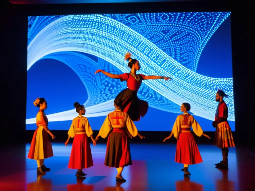 Grupo de bailarines tradicionales con trajes vibrantes, movimientos fluidos y software de danza interactiva cultural en pantalla