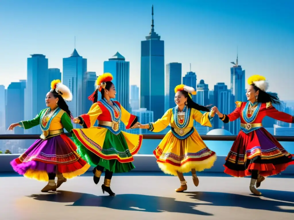 Grupo de bailarines tradicionales con trajes coloridos y patrones, danzando en la ciudad