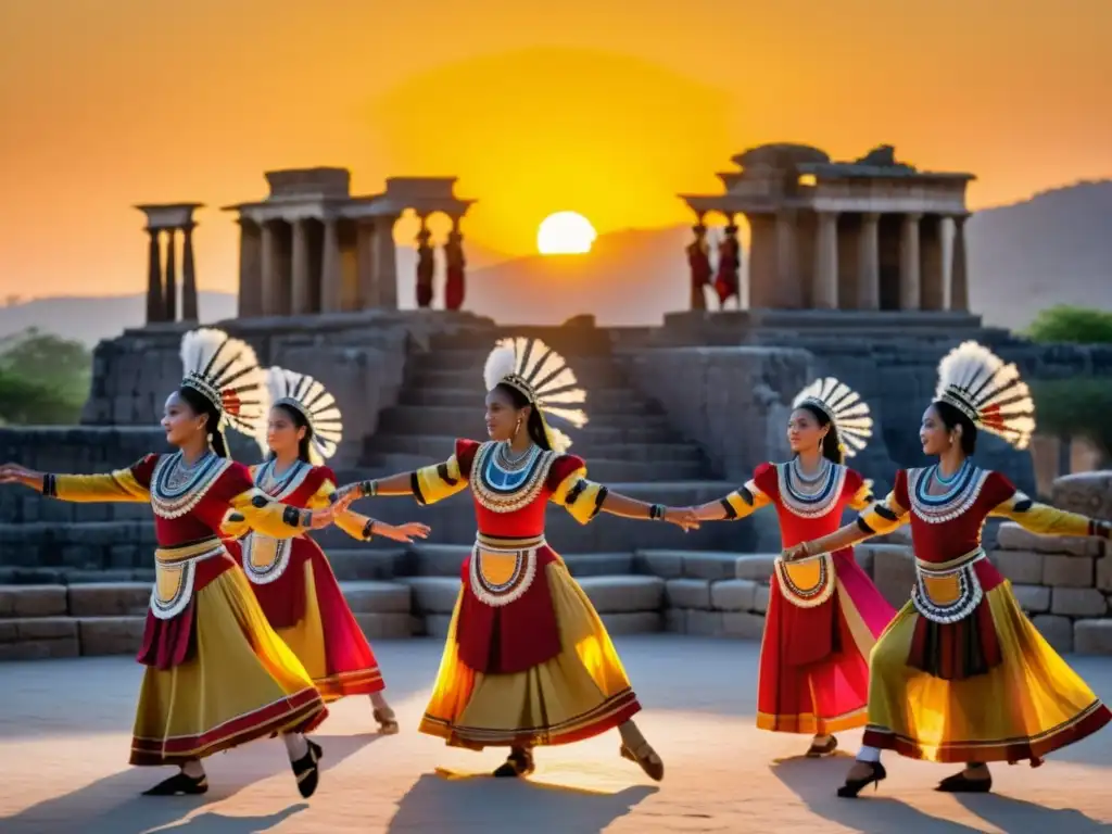 Un grupo de bailarines tradicionales en trajes elaborados y vibrantes realiza una rutina sincronizada contra el telón de fondo de ruinas antiguas, con el sol poniéndose detrás de ellos, creando un cálido resplandor dorado sobre la escena