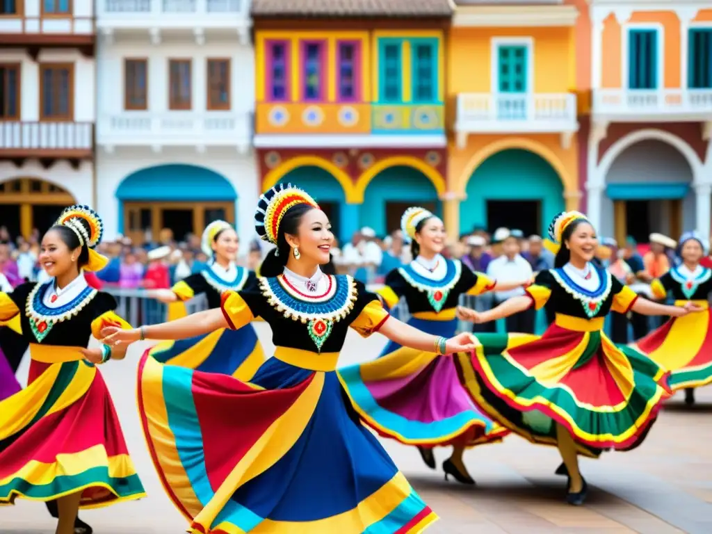 Un grupo de bailarines tradicionales en trajes vibrantes y ornamentados realiza una rutina sincronizada en una bulliciosa plaza