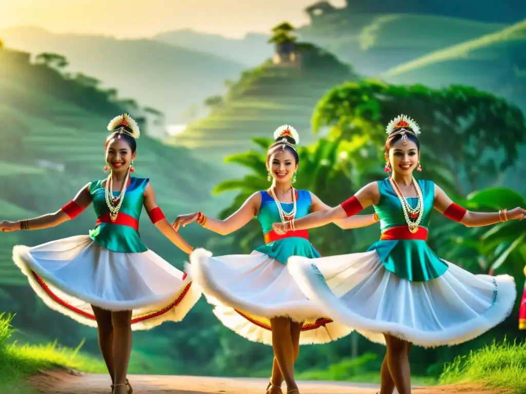 Un grupo de bailarines tradicionales en sincronía, con trajes vibrantes bajo la luz del sol