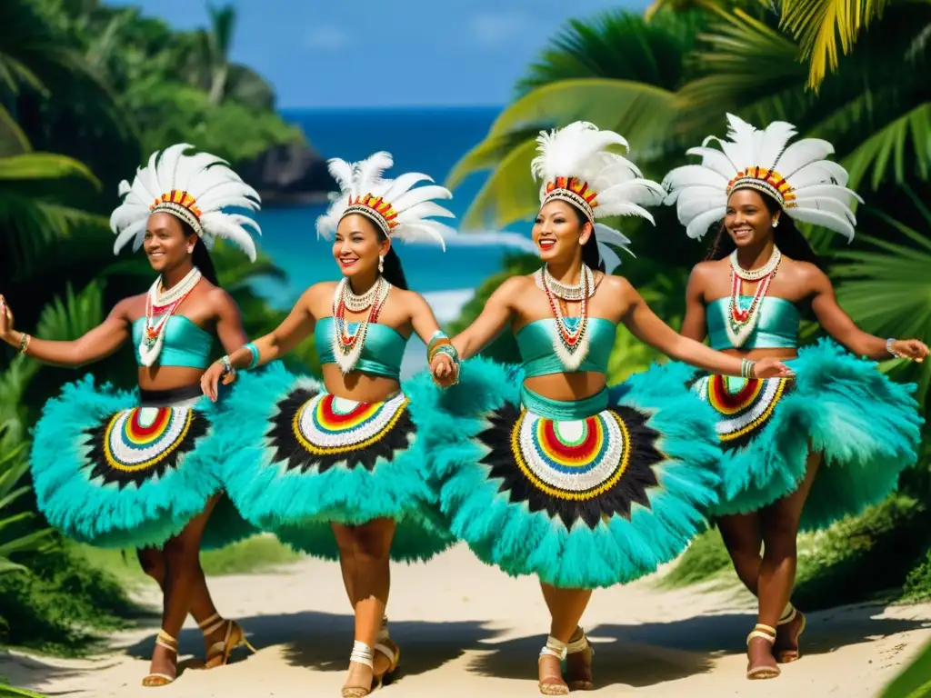 Grupo de bailarines tradicionales de Oceanía danzando con trajes vibrantes en un exuberante paisaje tropical