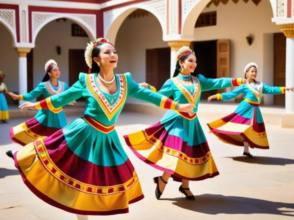 Grupo de bailarines tradicionales con trajes coloridos y movimientos dinámicos en un patio al aire libre