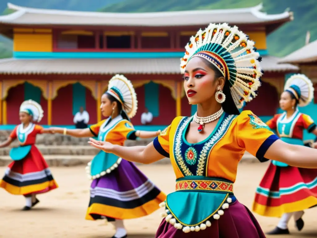 Grupo de bailarines tradicionales con trajes vibrantes y detallados, realizando danza en un escenario cultural