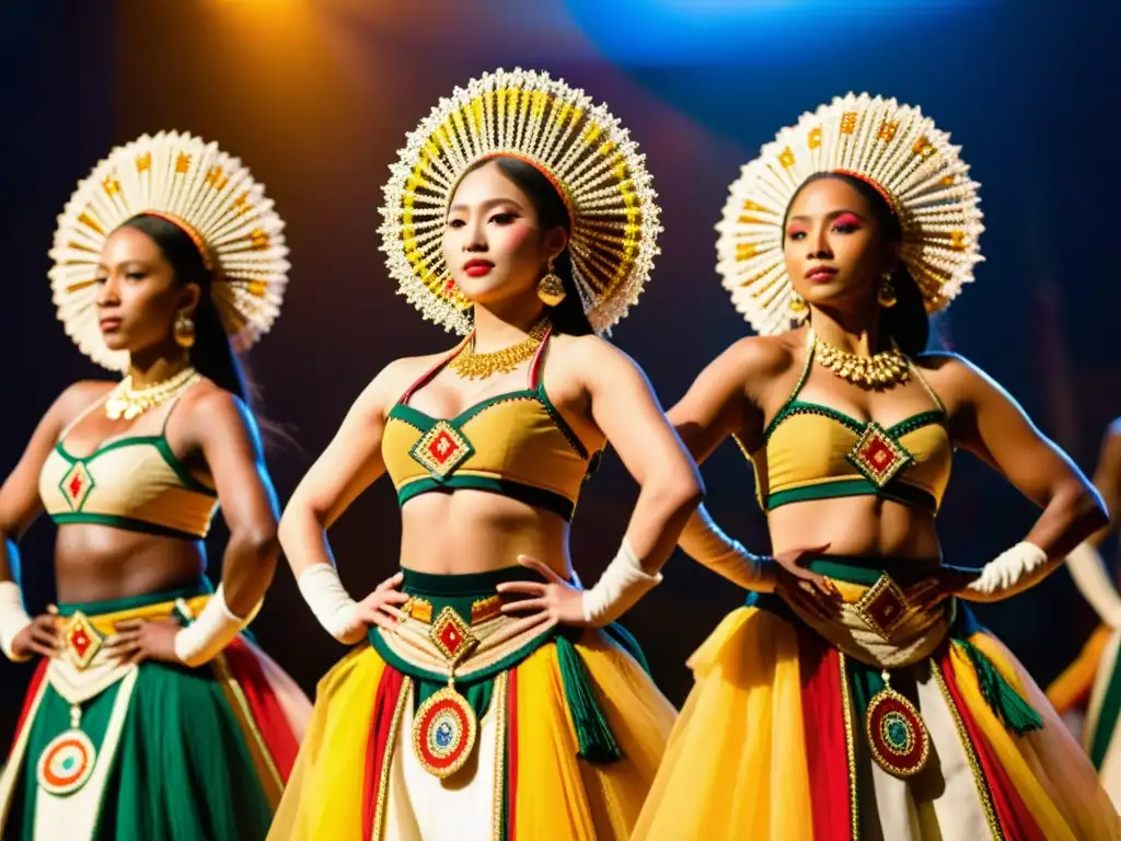 Grupo de bailarines tradicionales con trajes vibrantes y detallados, capturando el significado cultural de trajes tradicionales a través de la danza