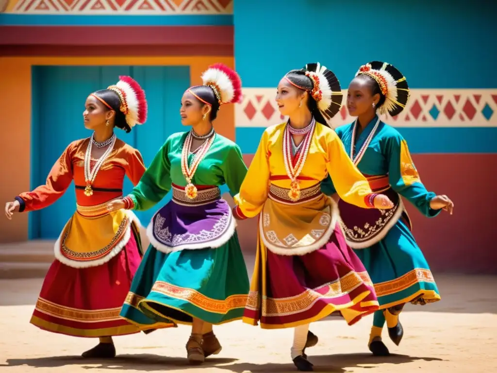 Grupo de bailarines tradicionales con trajes vibrantes y expresivos, danza en un lugar cultural