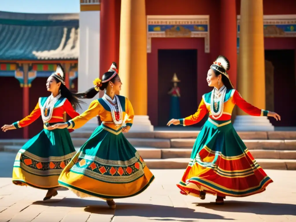 Un grupo de bailarines tradicionales con trajes vibrantes y fluidos bailando frente a un templo antiguo