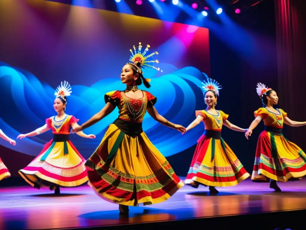 Grupo de bailarines tradicionales en trajes vibrantes y elaborados, en pleno espectáculo en el escenario