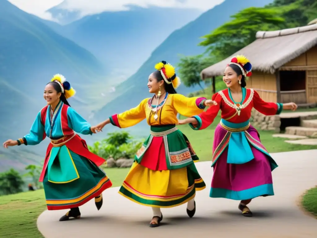 Un grupo de bailarines tradicionales, con trajes vibrantes, realizando una danza en un entorno pintoresco