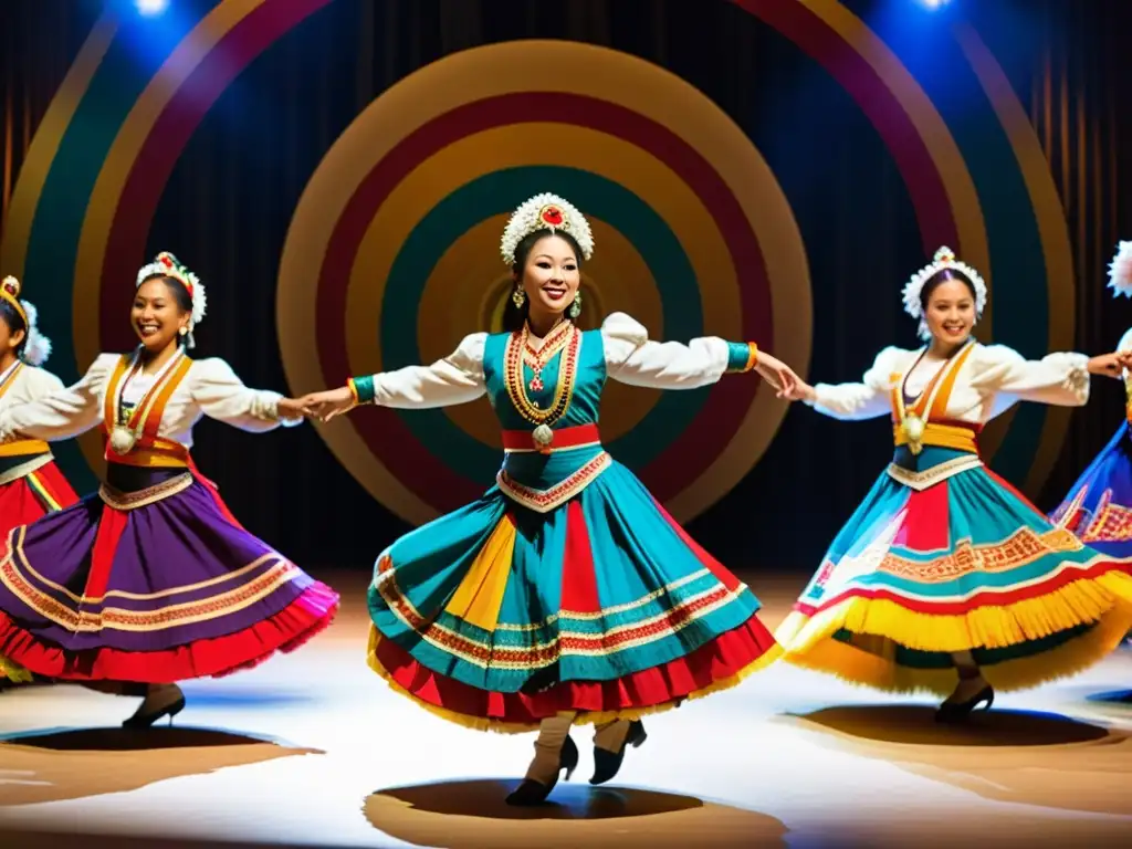 Un grupo de bailarines tradicionales con trajes vibrantes y detallados, en pleno baile