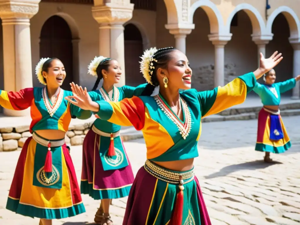 Un grupo de bailarines tradicionales con trajes vibrantes y expresiones apasionadas, capturando la energía y gracia de la danza