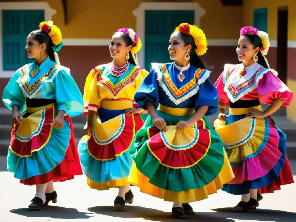 Grupo de bailarines tradicionales de Nicaragua con trajes coloridos, reflejando la importancia del vestuario en danzas