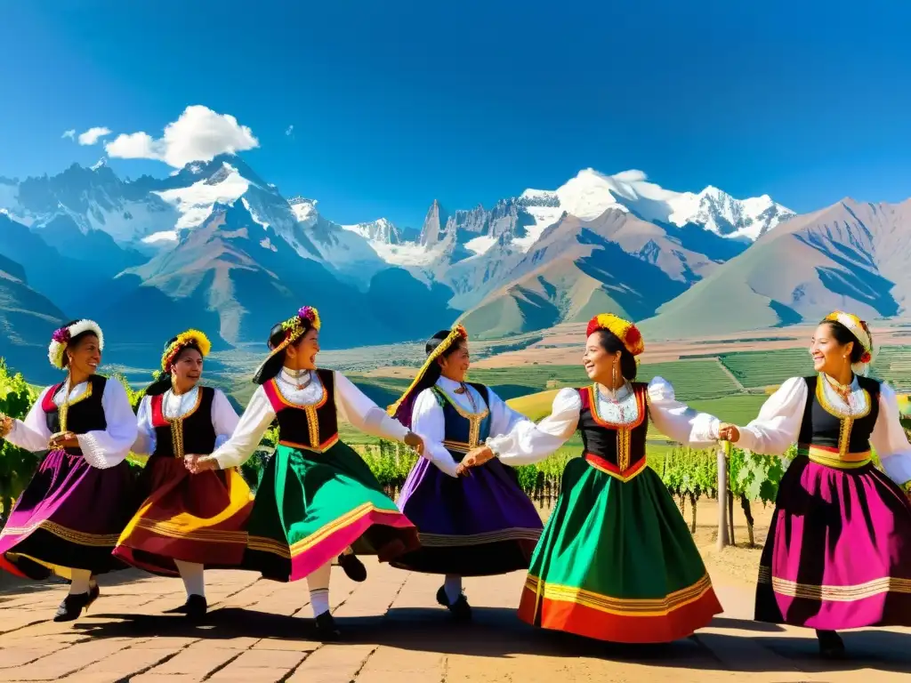 Un grupo de bailarines tradicionales en trajes vibrantes realiza una danza animada en el Festival de la Vendimia, con los Andes de fondo