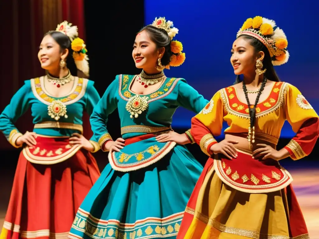 Baile folclórico: explosión de color y energía Un grupo de bailarines tradicionales con trajes vibrantes y detallados en pleno performance, exudando autenticidad y orgullo cultural