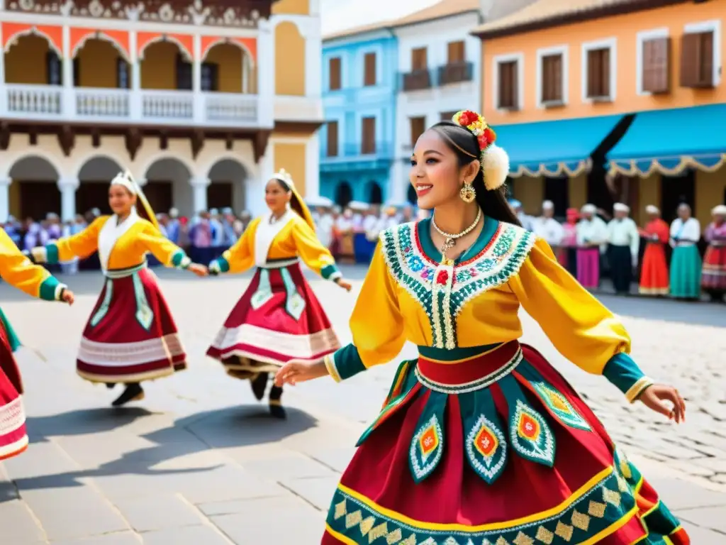 Grupo de bailarines tradicionales con trajes vibrantes y patrones intrincados, realizando una danza en la plaza