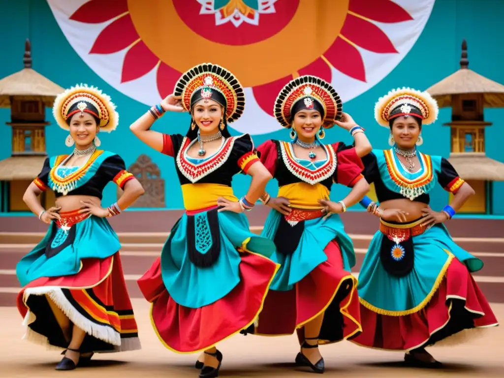 Un grupo de bailarines tradicionales con trajes vibrantes y detallados que representan el significado cultural de las danzas tradicionales