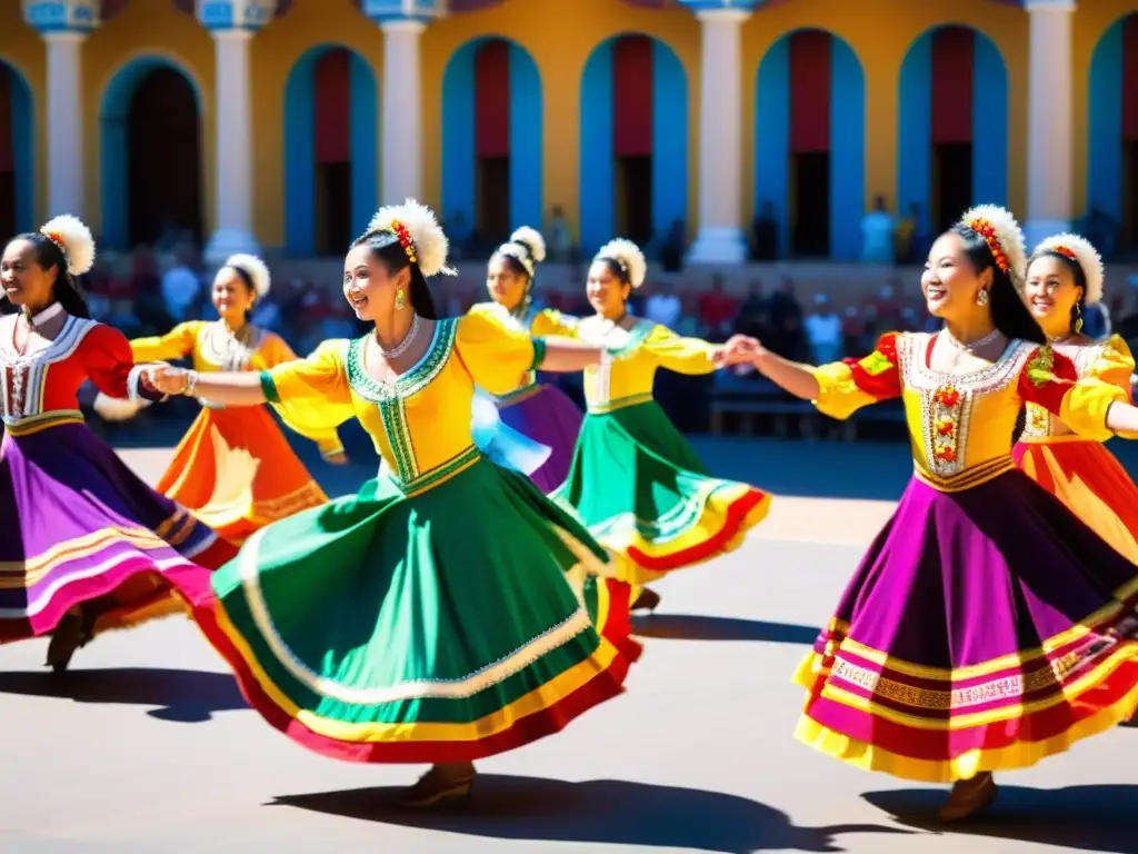 Un grupo de bailarines tradicionales en trajes coloridos y elaborados realiza una rutina sincronizada en una plaza vibrante