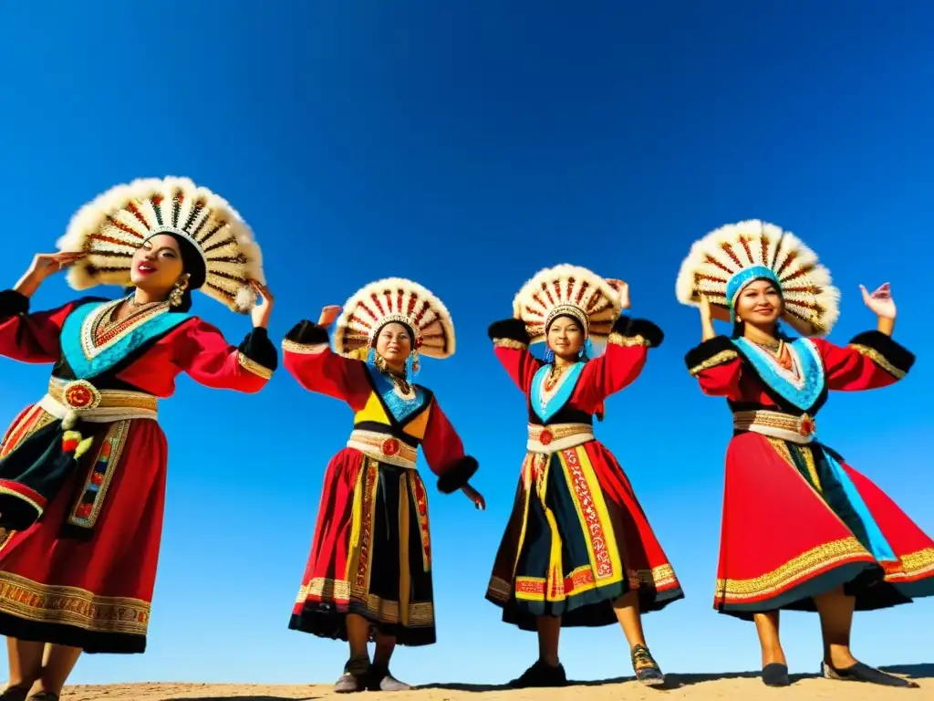 Grupo de bailarines tradicionales con trajes vibrantes y patrones intrincados, realizando una danza dinámica bajo el cielo azul