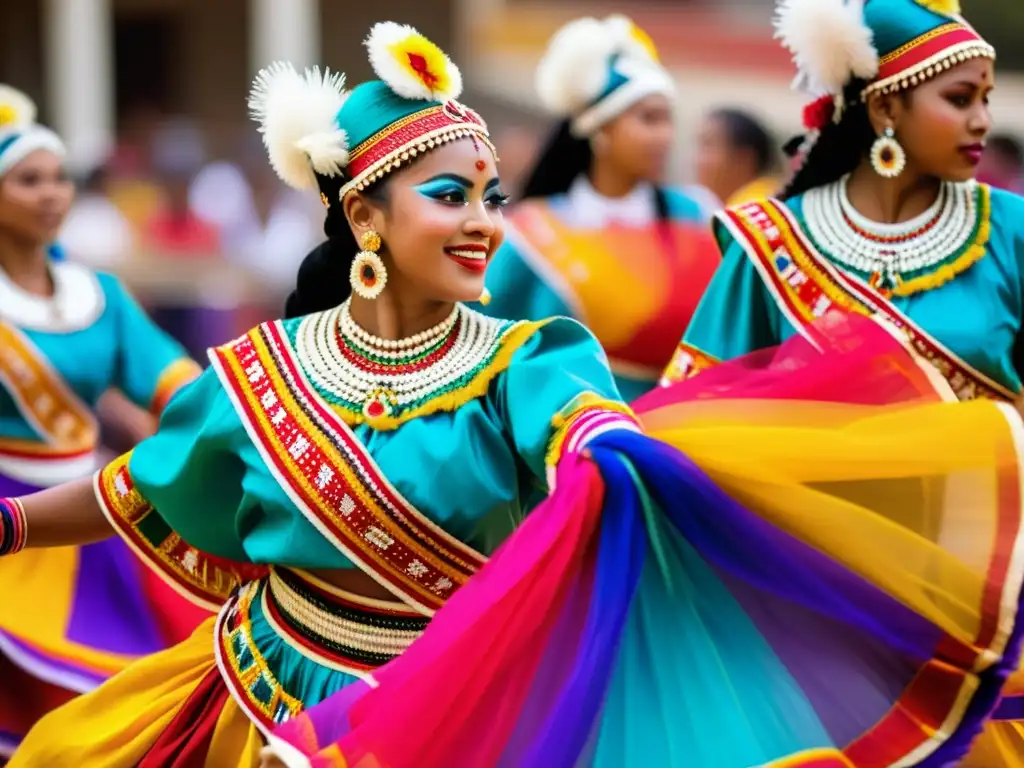 Grupo de bailarines tradicionales con trajes coloridos realizando movimientos precisos