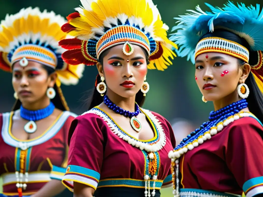 Grupo de bailarines tradicionales con trajes coloridos y técnicas artesanales en pleno baile, capturando la esencia cultural