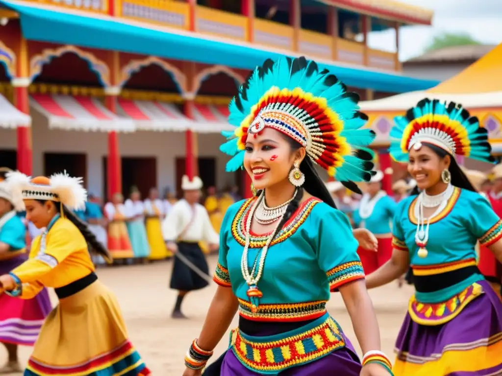 Grupo de bailarines tradicionales con trajes vibrantes y adornos, bailando en un mercado colorido