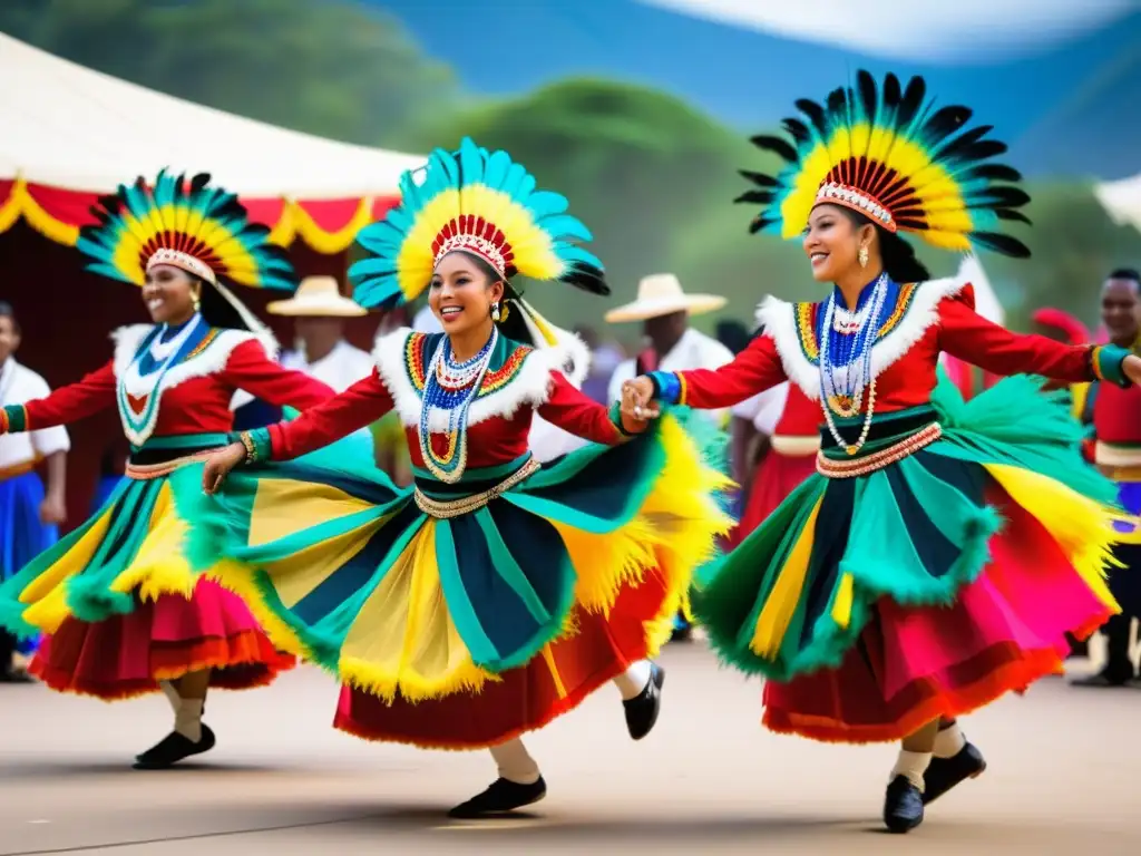 Grupo de bailarines tradicionales con trajes vibrantes y detallados, realizando una danza en un festival cultural