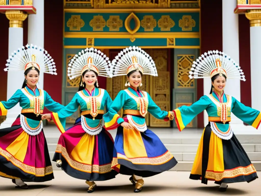 Un grupo de bailarines tradicionales con trajes vibrantes y detallados realizan una danza cultural frente a un templo histórico