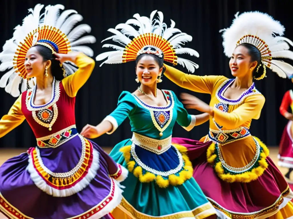 Grupo de bailarines tradicionales en trajes vibrantes, ejecutando danza folclórica