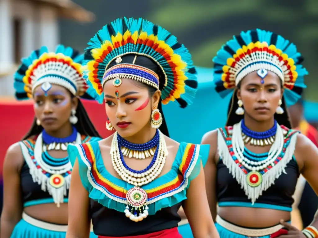 Grupo de bailarines tradicionales con trajes vibrantes y accesorios detallados, reflejando el significado cultural de accesorios de danzas