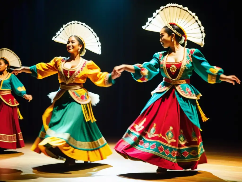 Grupo de bailarines tradicionales con trajes coloridos y bordados, danzando en un escenario iluminado