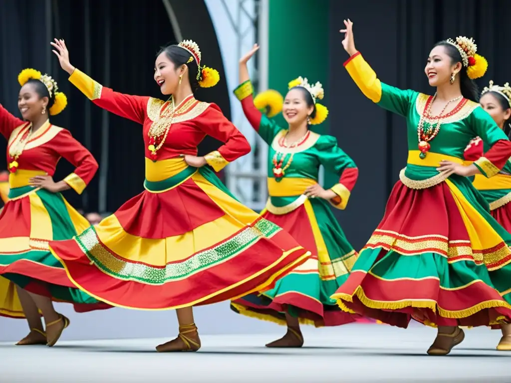 Grupo de bailarines tradicionales con trajes vibrantes, movimientos gráciles y festival cultural animado