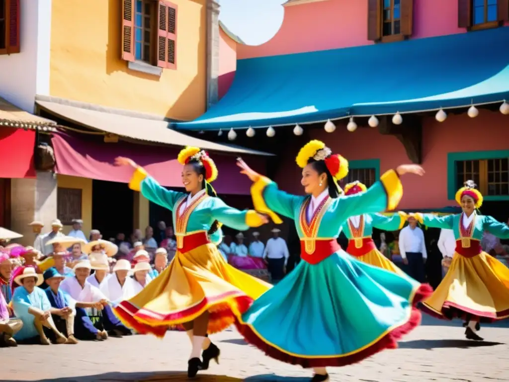 Un grupo de bailarines tradicionales con trajes vibrantes y elaborados realizando una actuación enérgica en una bulliciosa plaza de mercado