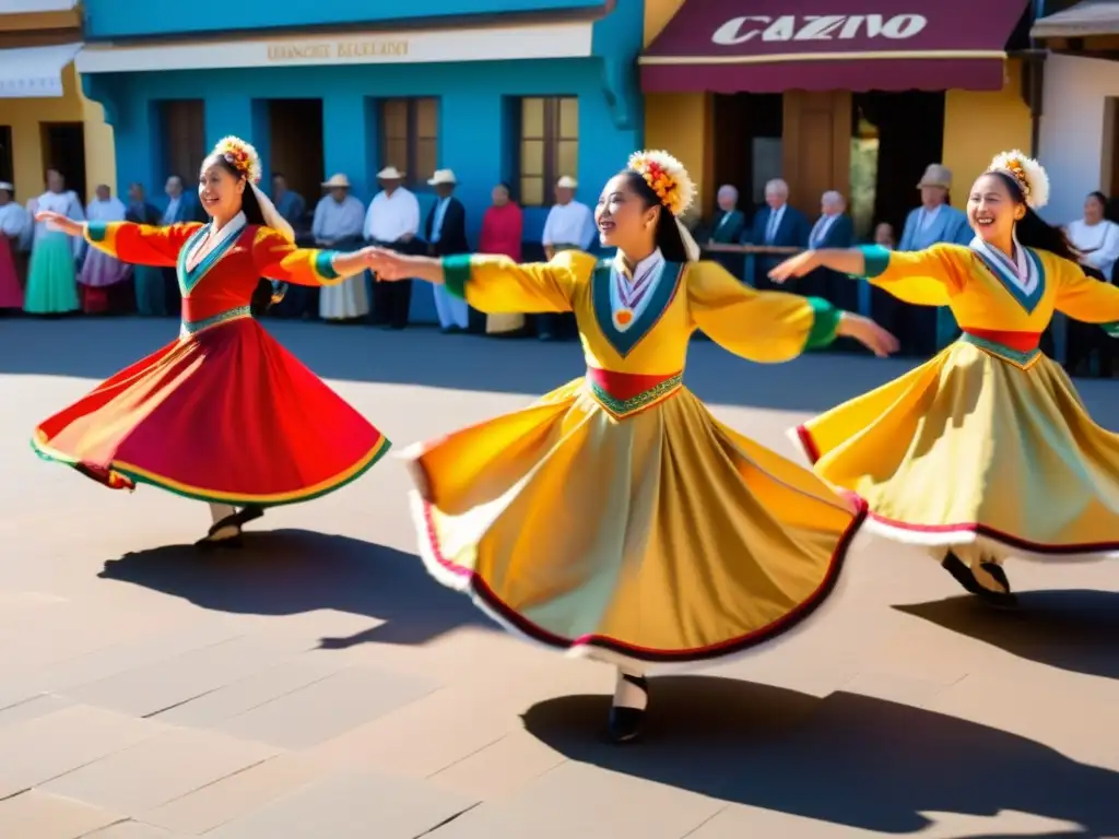 Grupo de bailarines tradicionales con trajes vibrantes realizando una danza en una plaza